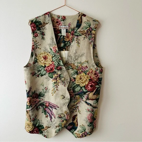 F. L. Malik Vintage 90s floral tapestry vest linen blend boho - Picture 7 of 11
